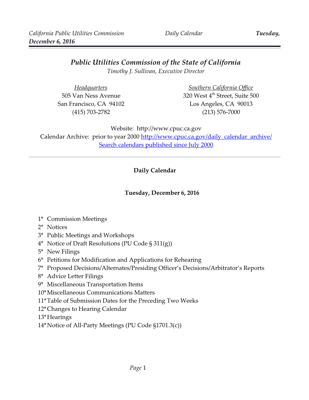 California Public Utilities Commission Daily Calendar Tuesday, December 6, 2016