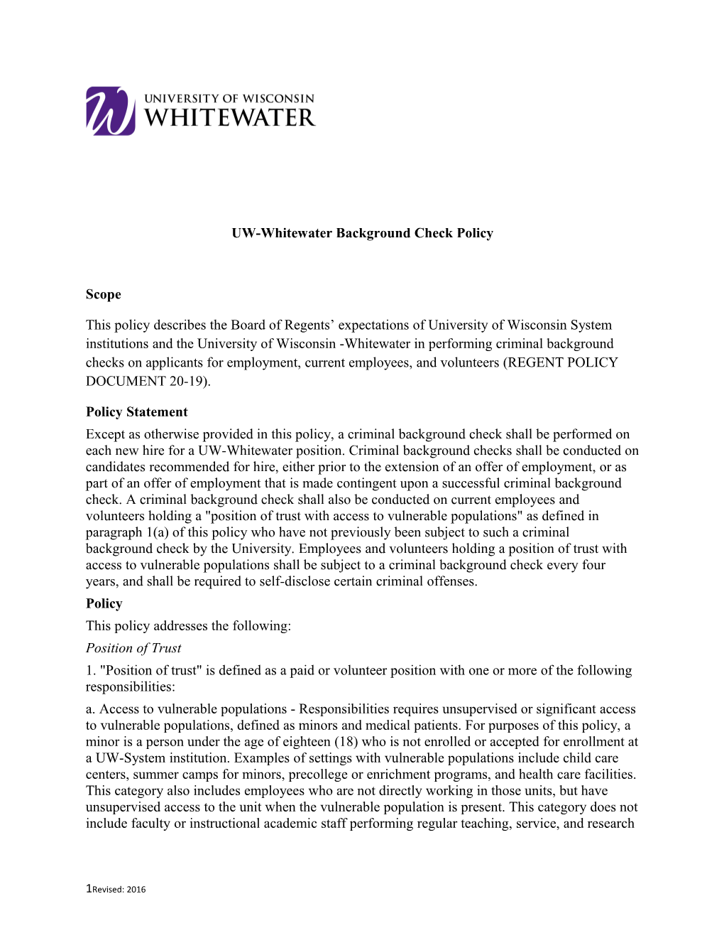 UW-Whitewater Background Check Policy