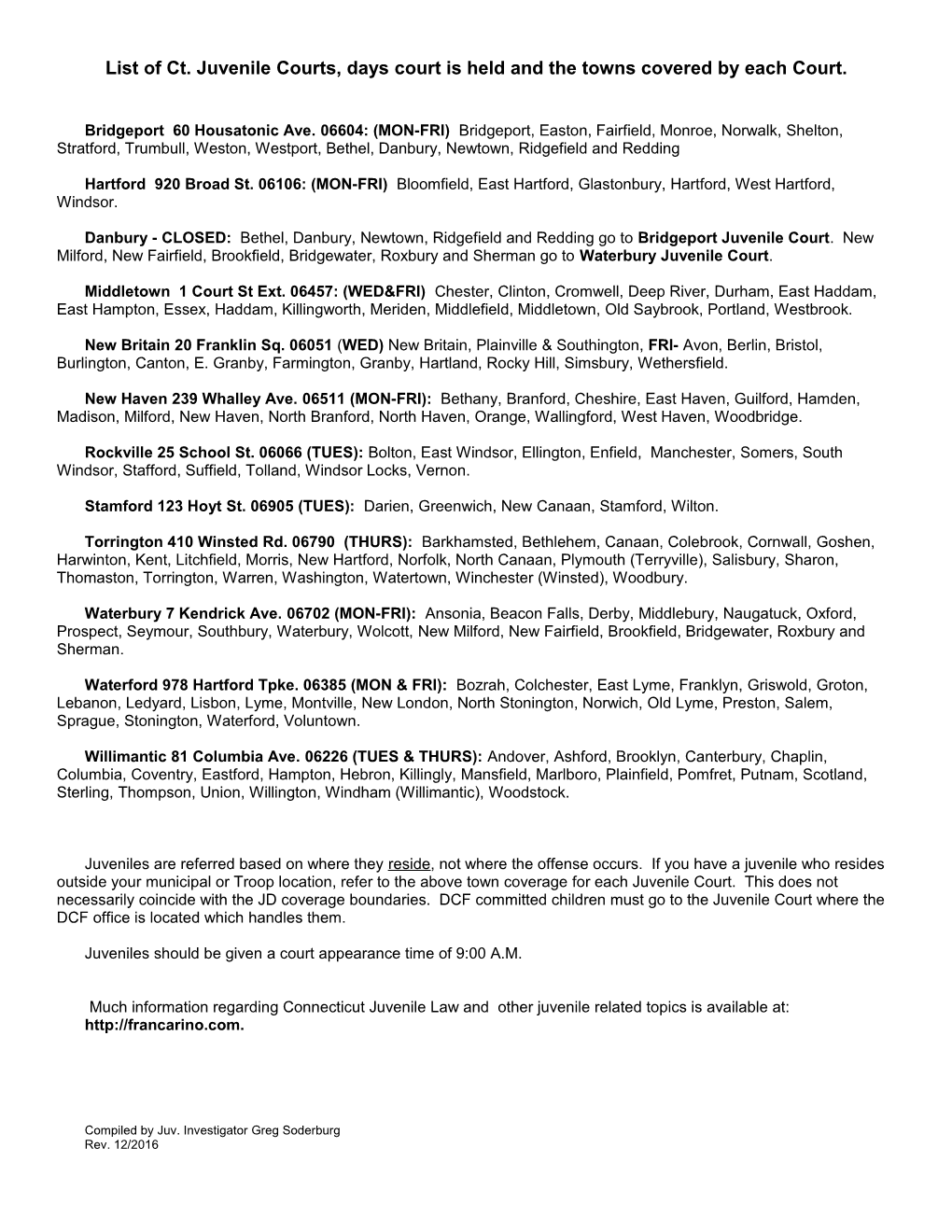 List of Ct. Juvenile Courts, Days Court Is Held and the Towns Covered by Each Court