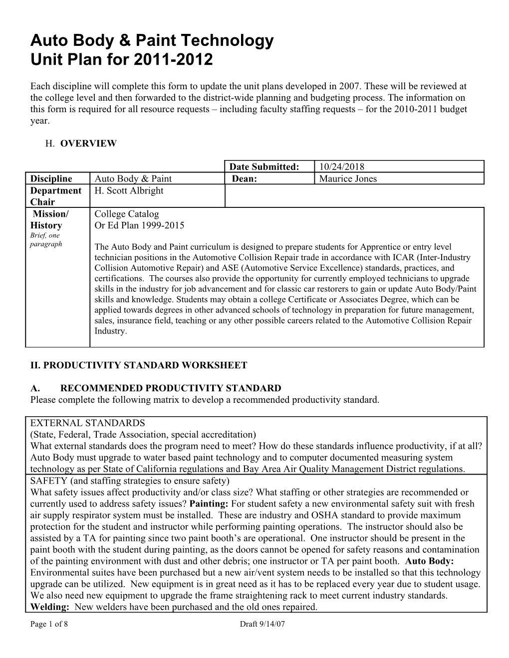 Ii. Productivity Standard Worksheet