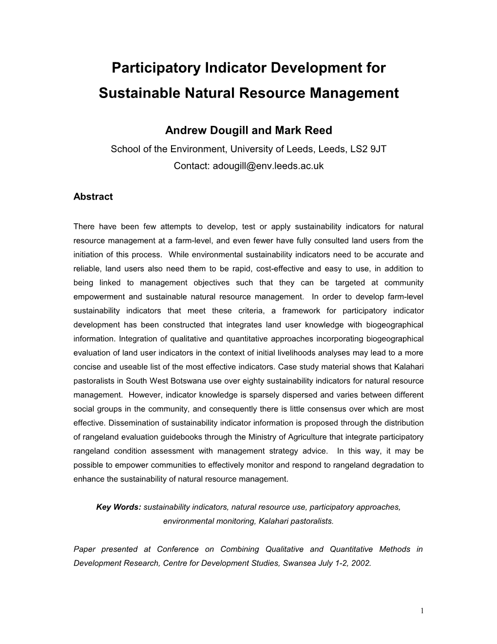 Participatory Indicator Development for Sustainable Natural Resource Management