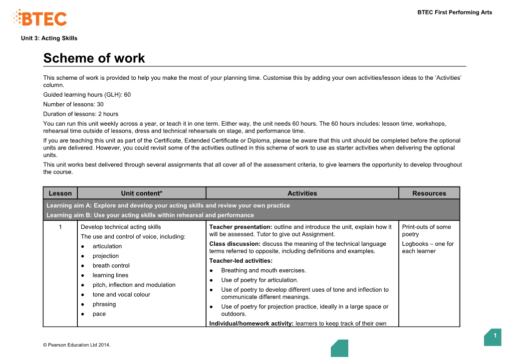 Unit 3: Acting Skills - Scheme of Work (Version 1 Sept 14)