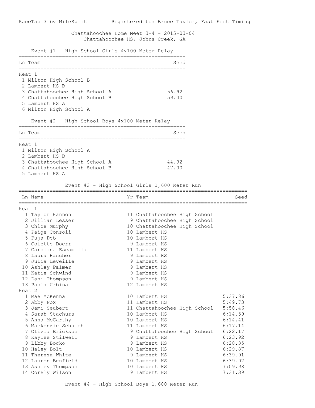 Racetab 3 by Milesplit Registered To: Bruce Taylor, Fast Feet Timing