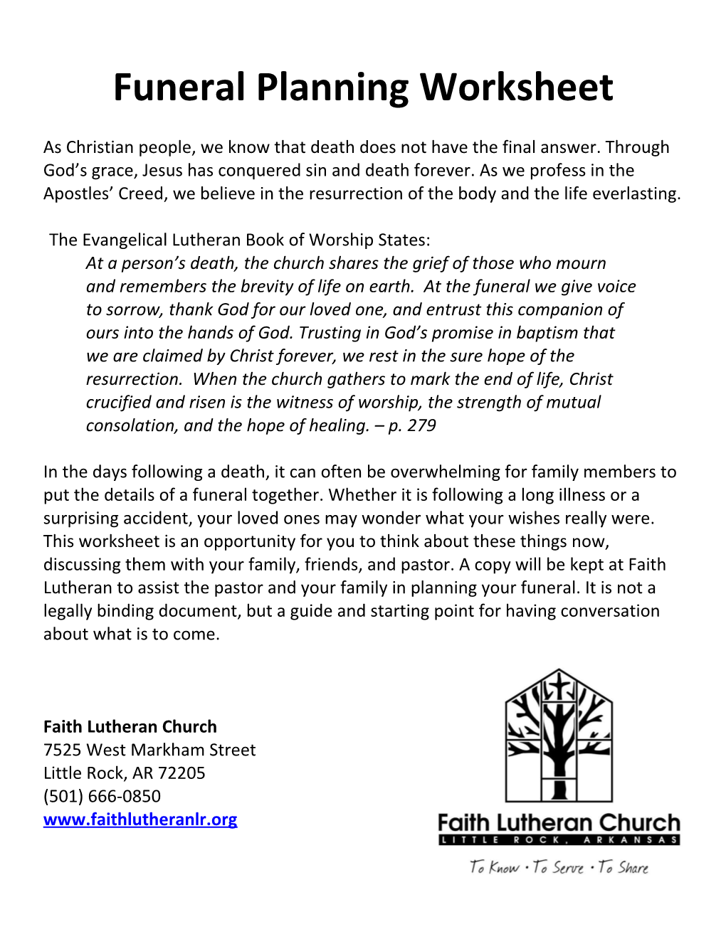 Funeral Planning Worksheet