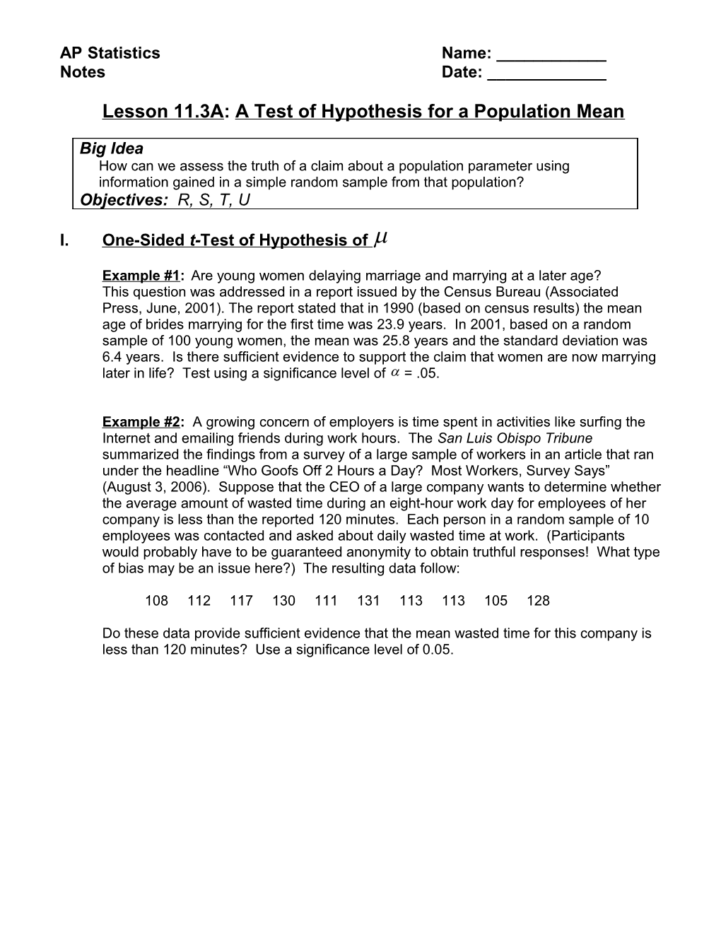 Lesson 11.3A: a Test of Hypothesis for a Population Mean