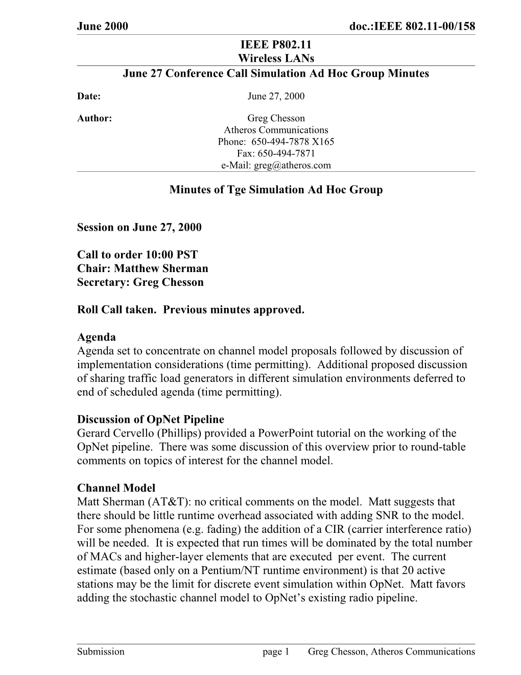 June 27 Conference Call Simulation Ad Hoc Group Minutes