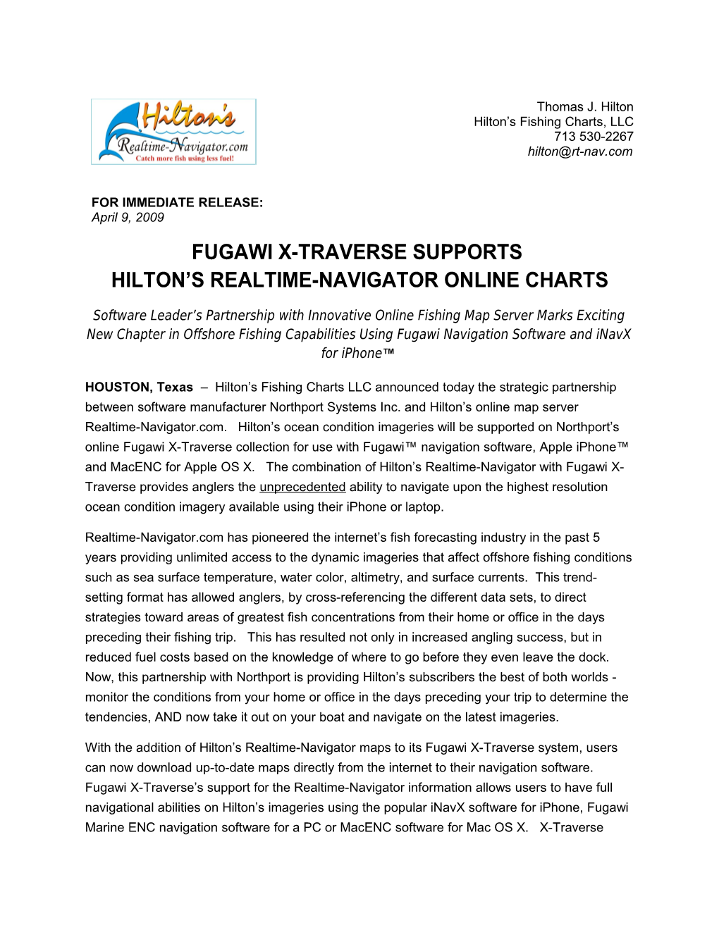 Fugawi X-Traverse Supports Hilton S Realtime-Navigator Online Charts
