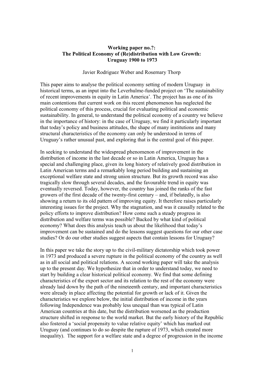 The Political Economy of Redistribution with Low Growth: Uruguay 1900 to 1970