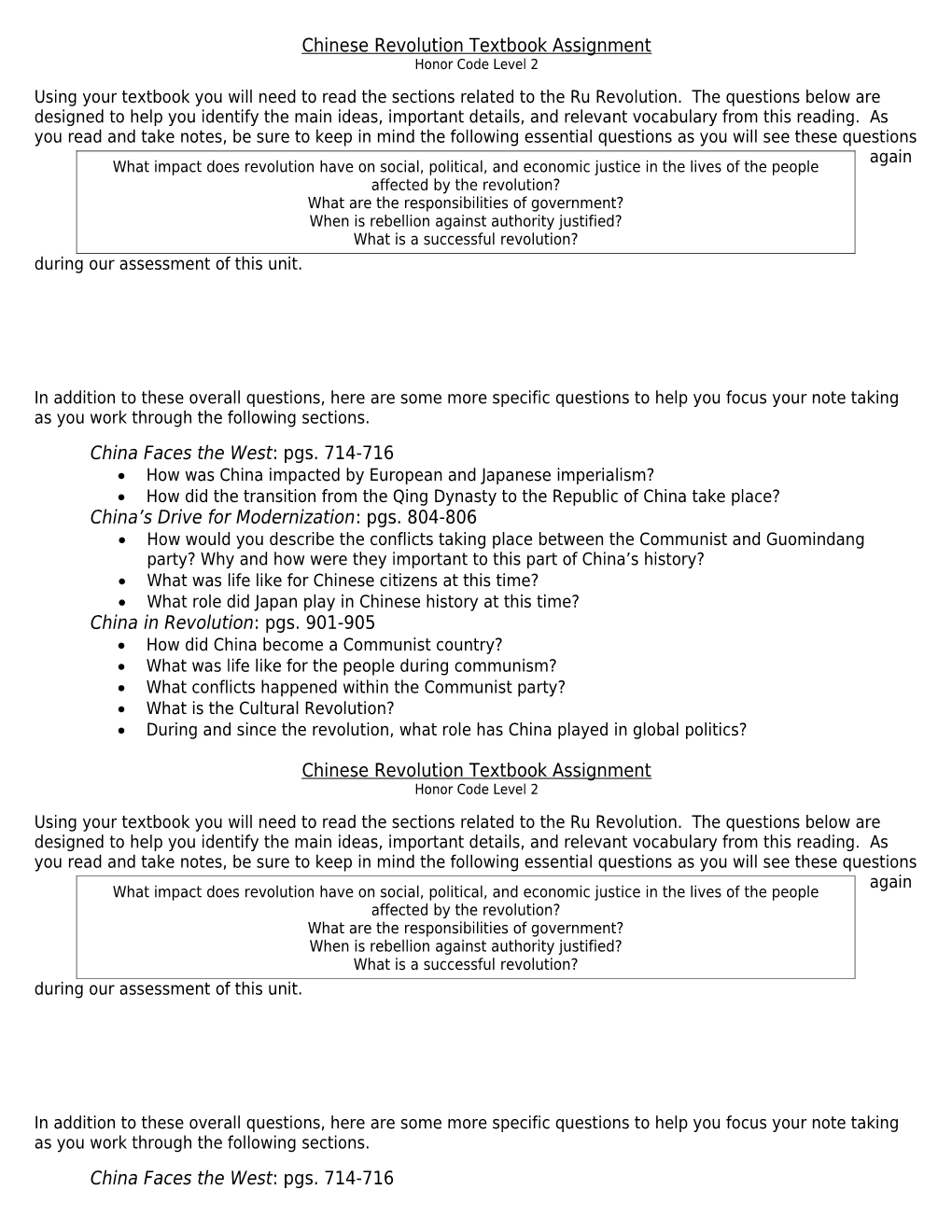 Chinese Revolution Textbook Assignment