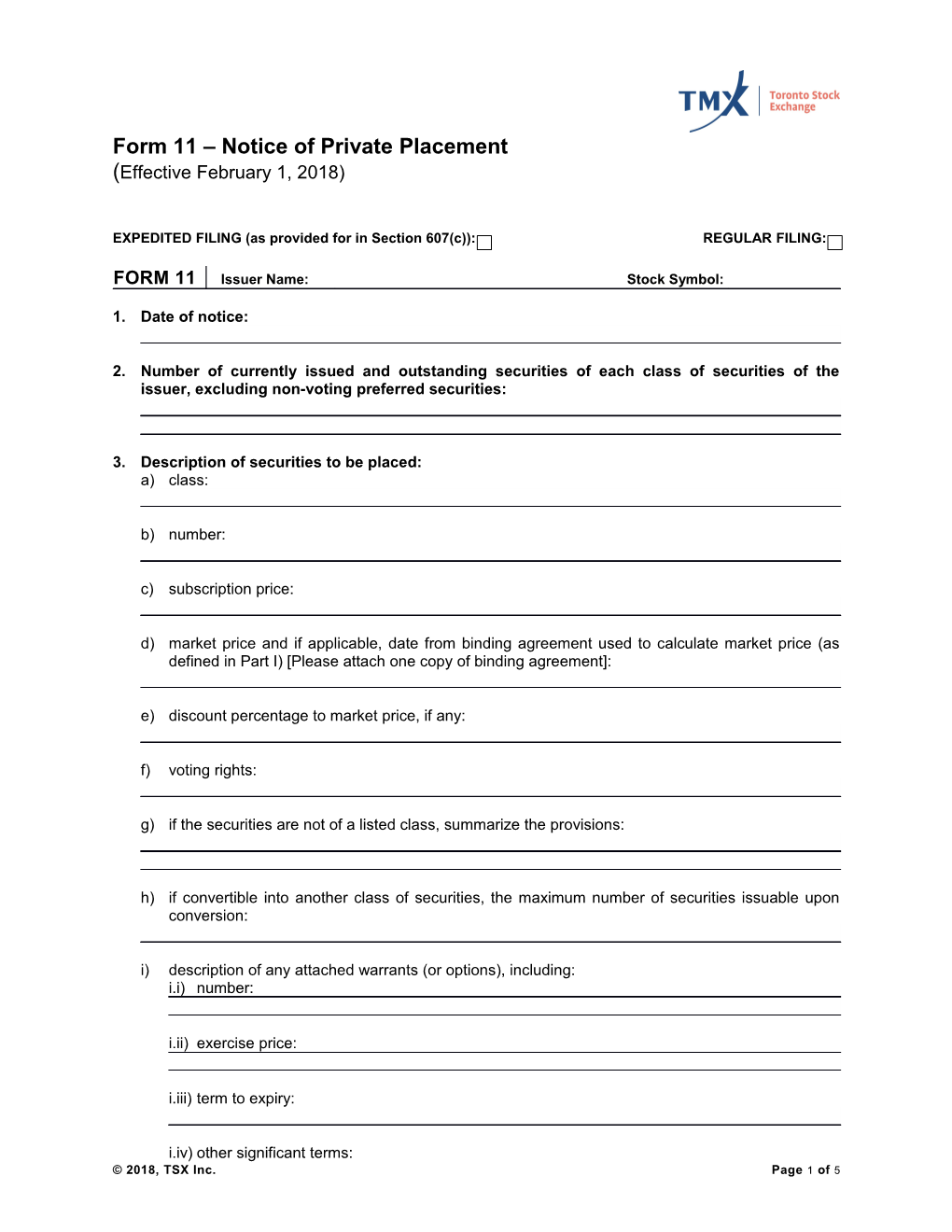 Toronto Stock Exchange - Appendix H - Reporting Form 11