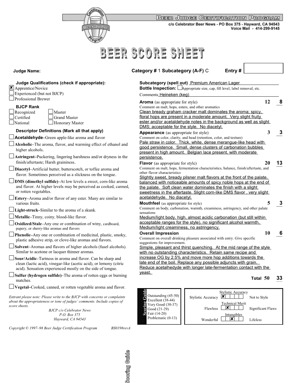 Heinekin Score Sheet