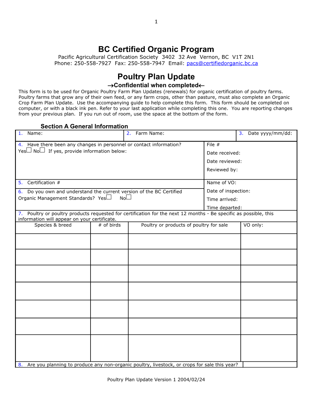 Organic Poultry Management Plan Update and Inspection Report