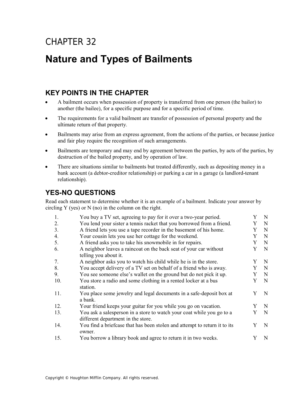 Chapter 32: Nature and Types of Bailments 1