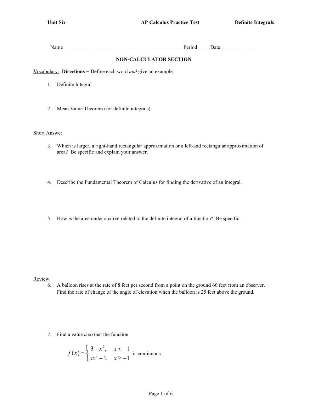 Unit Sixap Calculus Practice Testdefinite Integrals