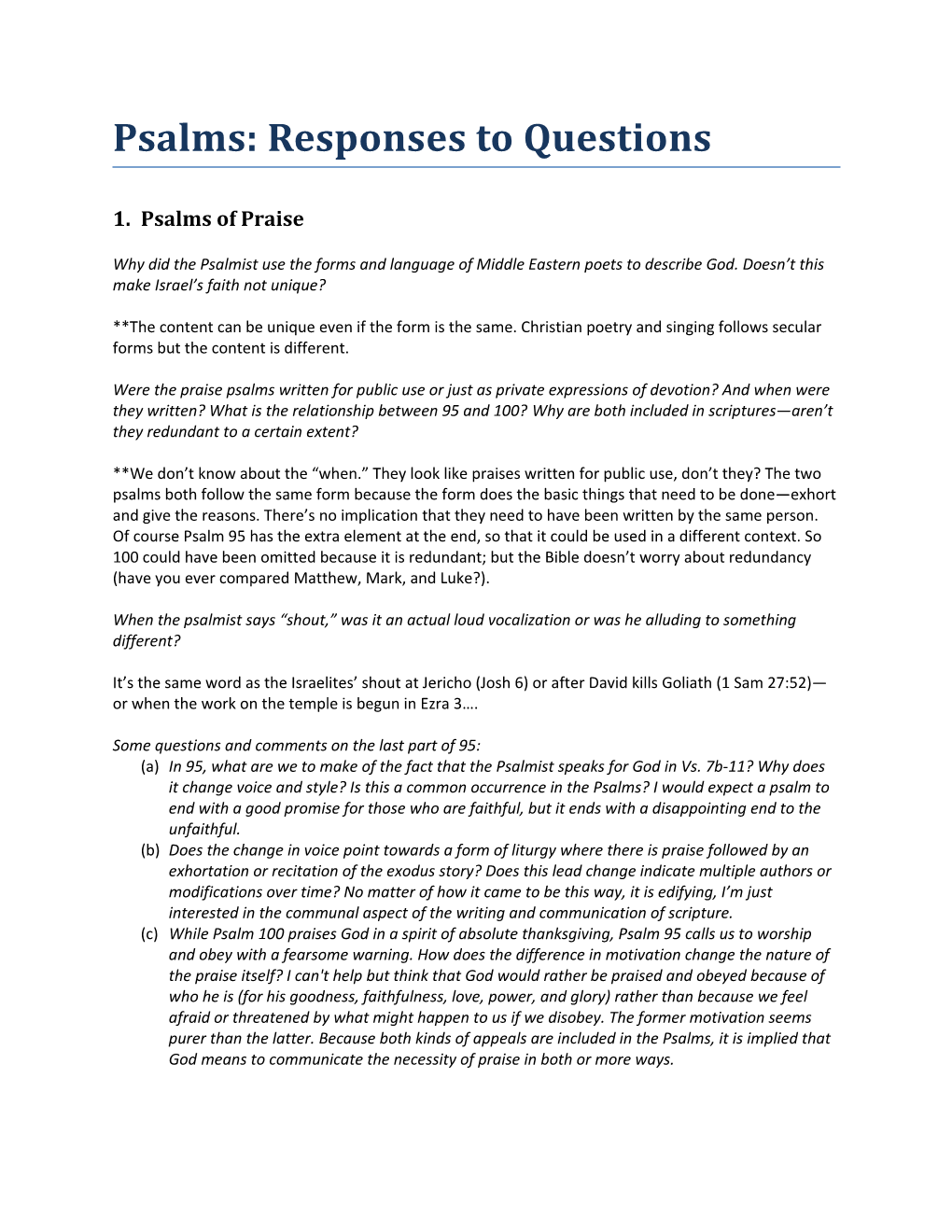 Psalms: Responses to Questions