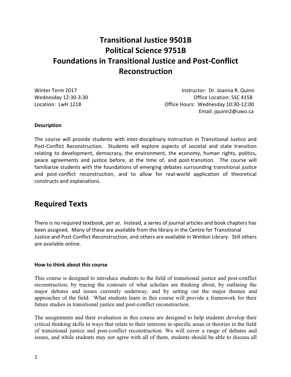 Foundations in Transitional Justice and Post-Conflict Reconstruction