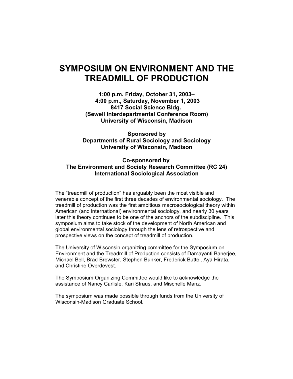 Symposium on Environment and the Treadmill of Production