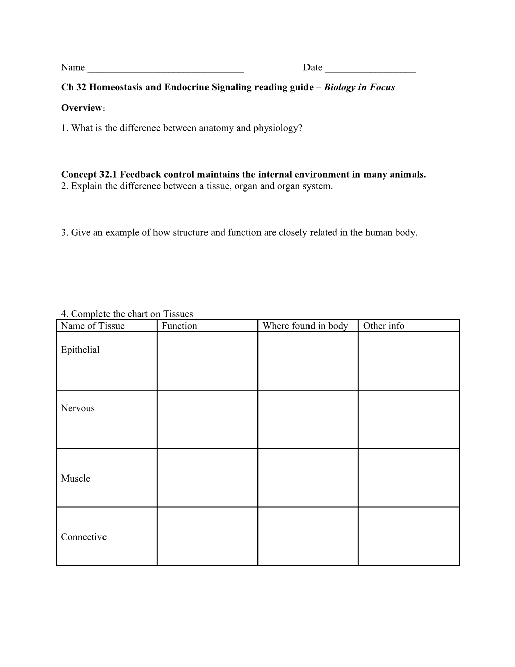 Ch 32Homeostasis and Endocrine Signaling Reading Guide Biology in Focus