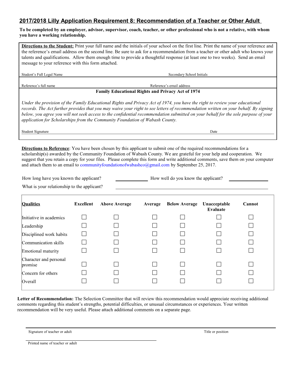 Application for the Lilly Endowment Community Scholarship of Wabash County