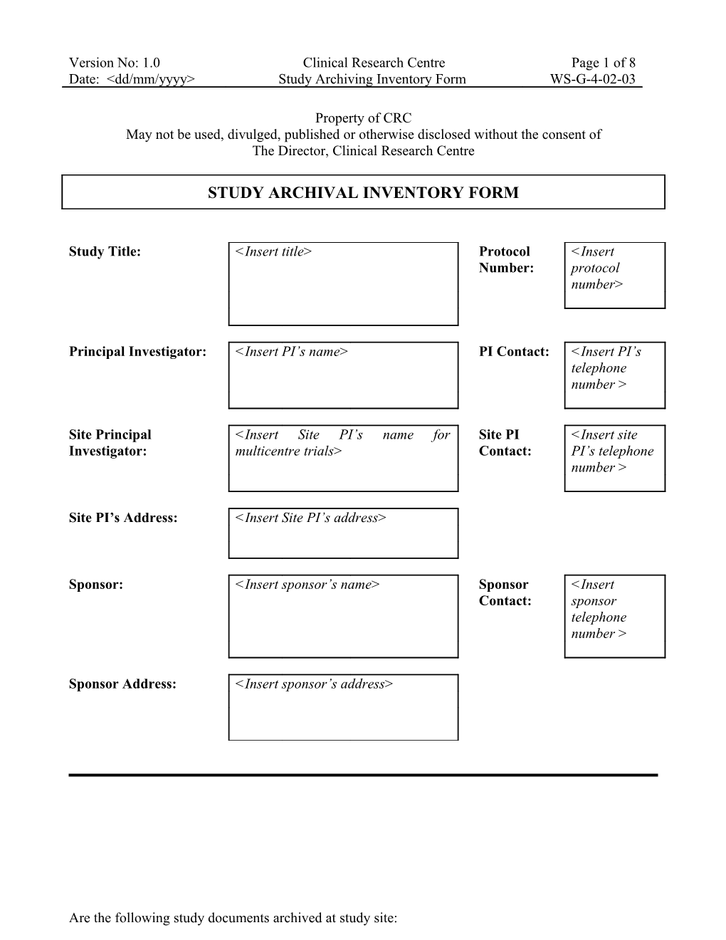 Study Document Archival Inventory