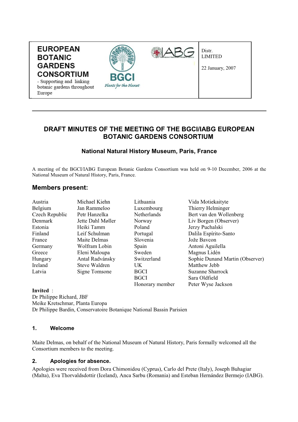 Draft Minutes of the Meeting of the Bgci/Iabg European Botanic Gardens Consortium