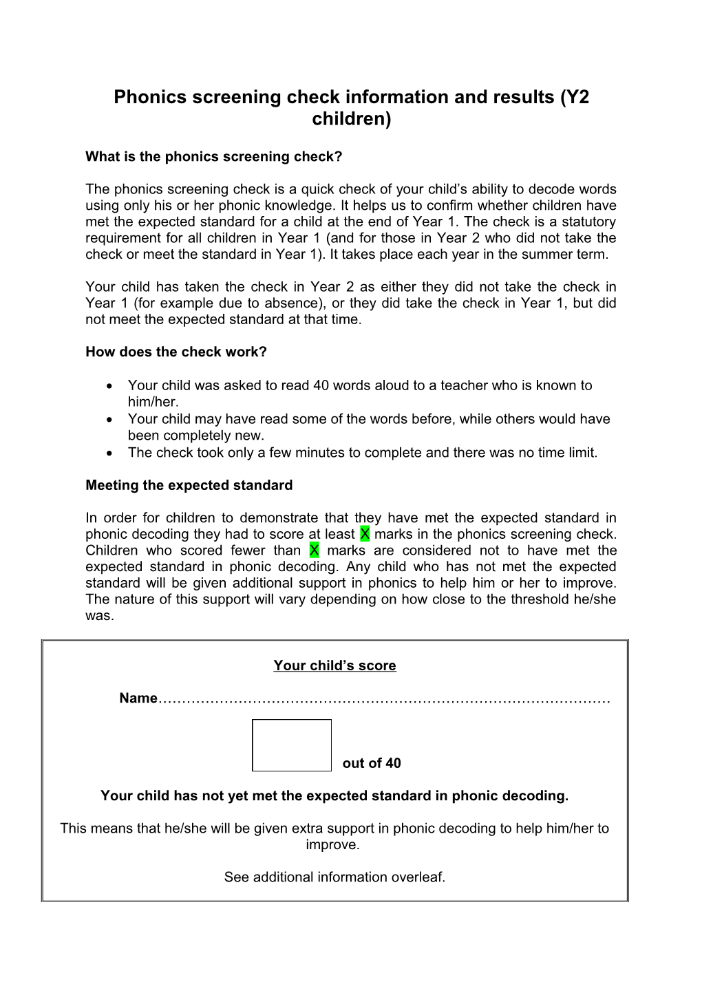 Phonics Reporting Template for Parents - Standard Not Met