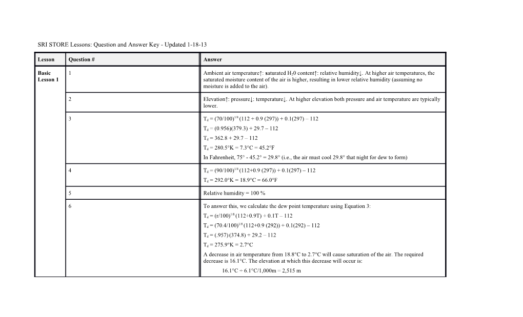 SRI STORE Lessons: Question and Answer Key