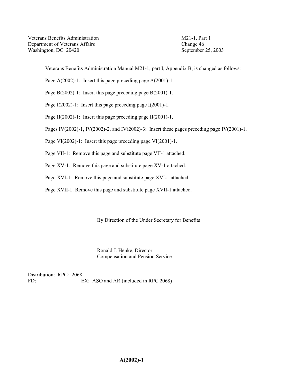 9/03 M21-1 Part 1 Change 46 Transmittal