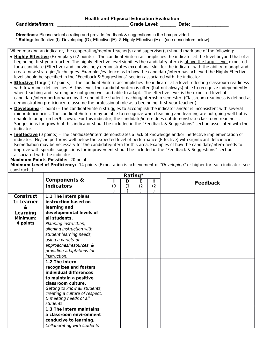 Health and Physical Education Evaluation