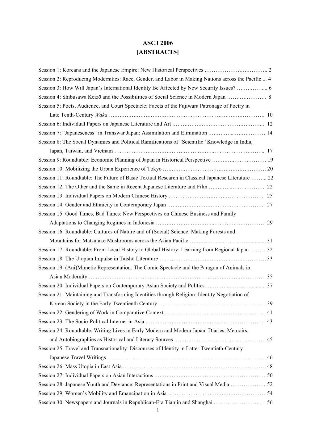 Tentative Schedule of Sessions