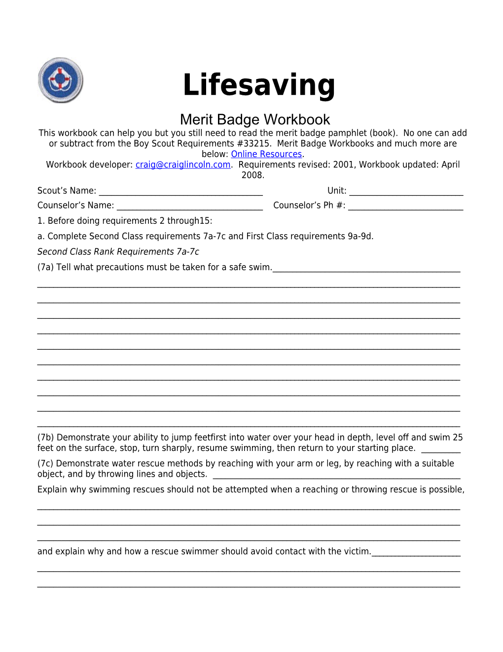 Lifesaving P. 1 Merit Badge Workbookscout's Name: ______