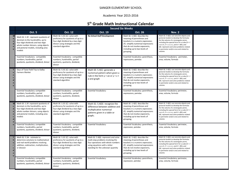 5Th Grade Math Instructional Calendar