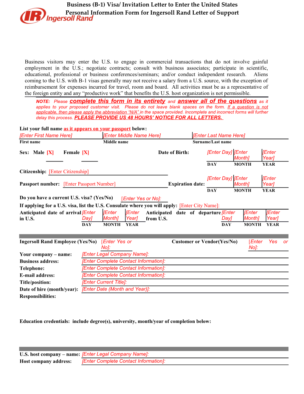 Business Visa Or Invitation Letter Form - Travel to US 3.11.13