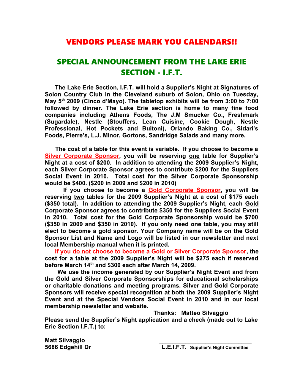 Special Announcement from the Lake Erie Section - I.F.T