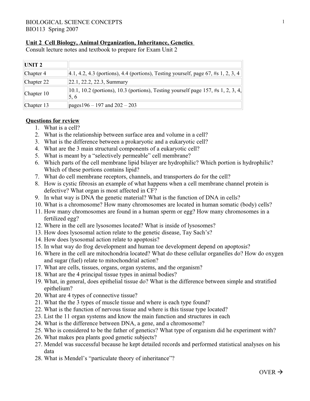 Unit 2 Cell Biology, Animal Organization, Inheritance, Genetics