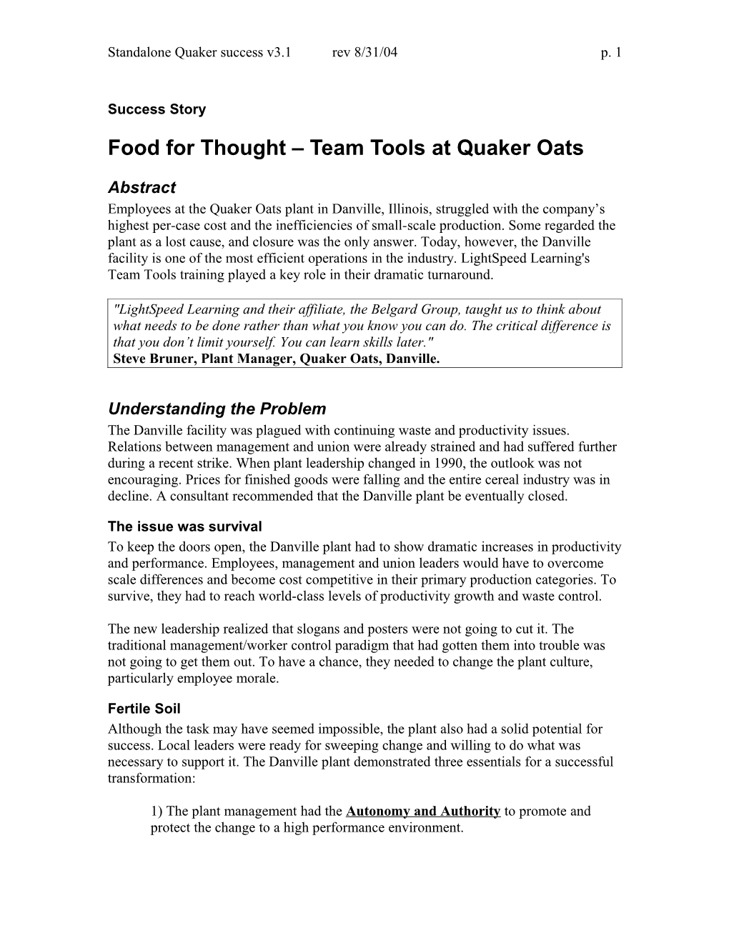 Food for Thought Team Tools at Quaker Oats