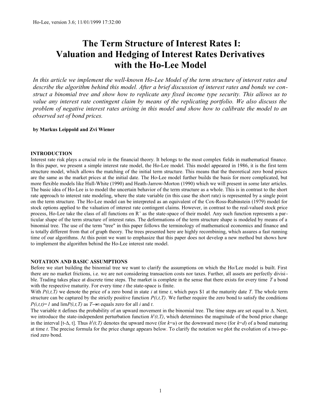 Term Structure of Interest Rates: the Ho/Lee Model