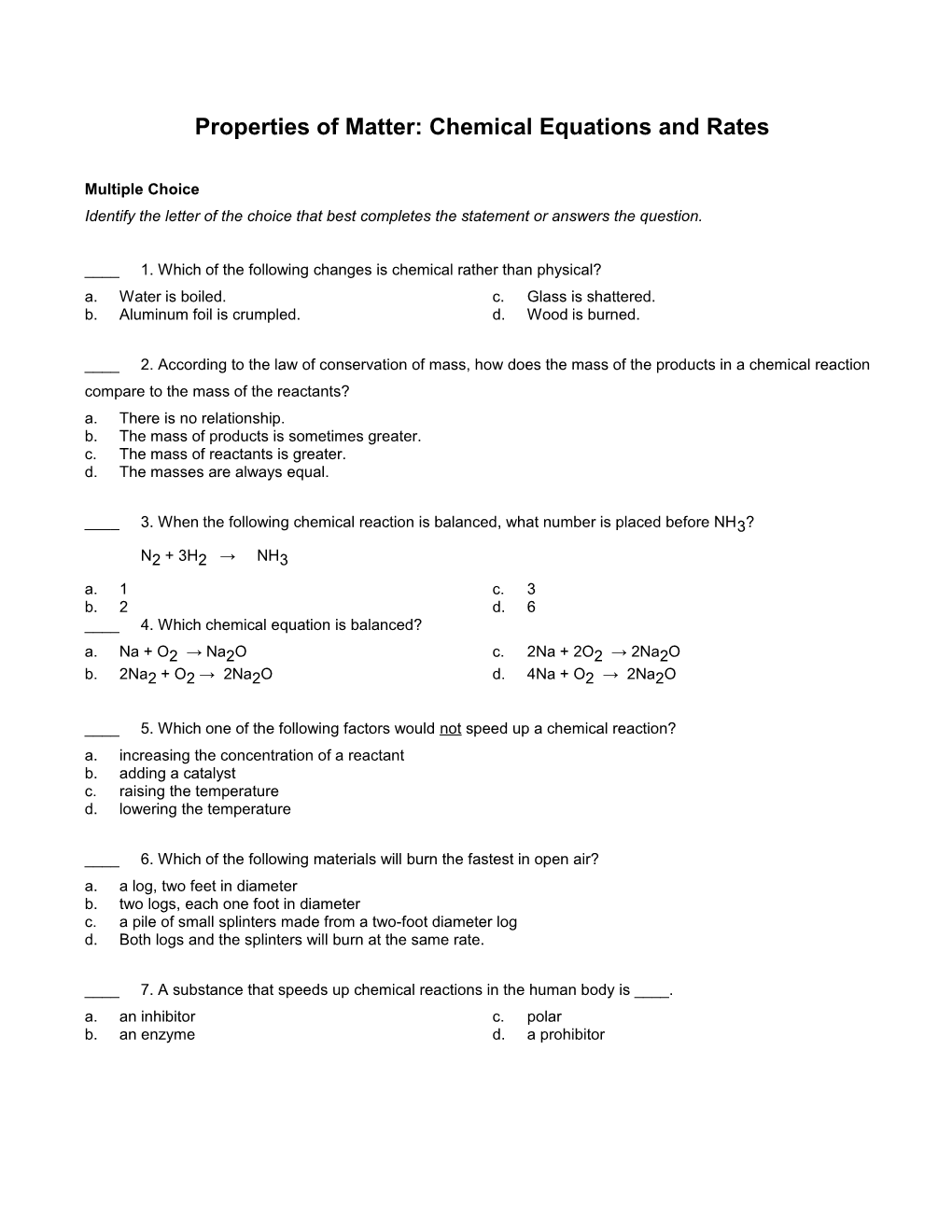 Properties of Matter: Chemical Equations and Rates