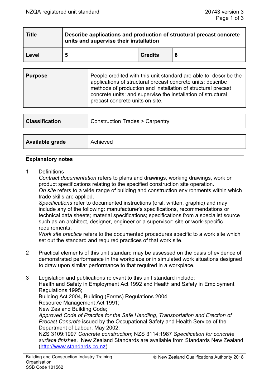 20743 Describe Applications and Production of Structural Precast Concrete Units and Supervise