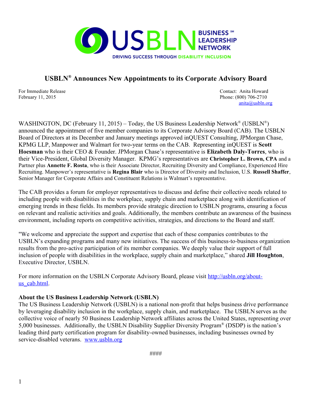 USBLN Announces New Appointments to Its Corporate Advisory Board