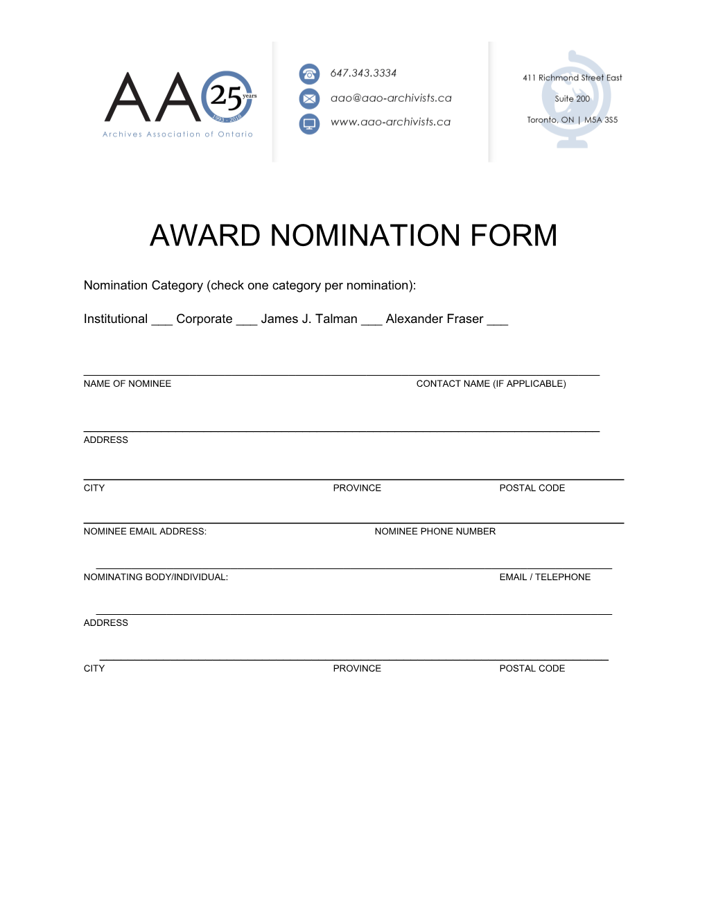 Nomination Category (Check One Category Per Nomination)