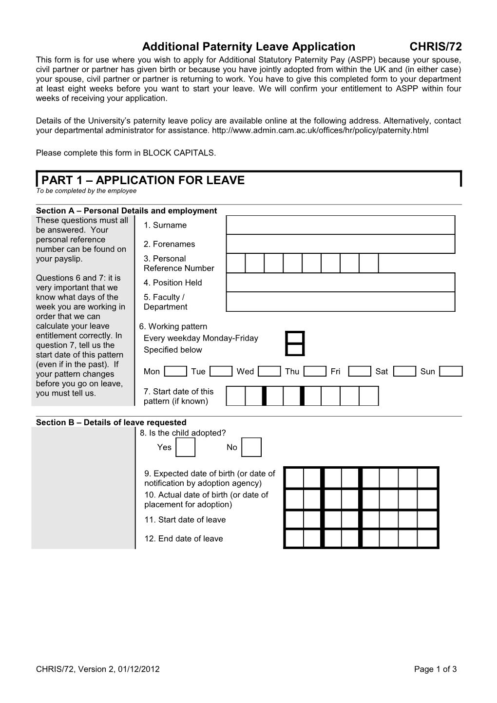 Additional Paternity Leave Application