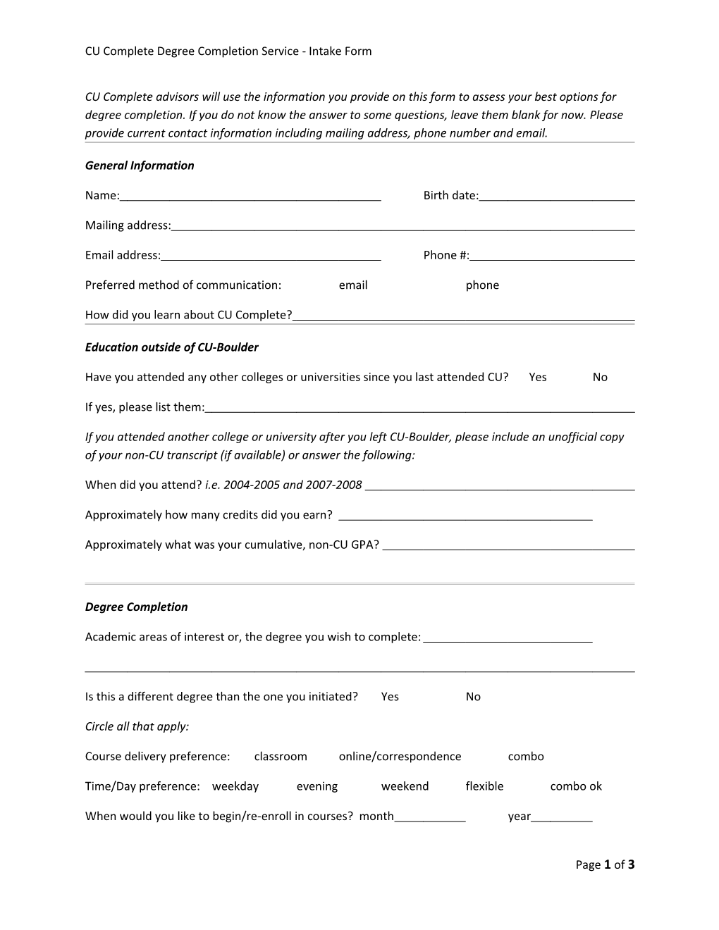 CU Complete Degree Completion Service - Intake Form