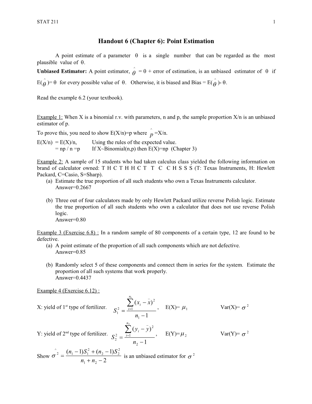 Handout 6 (Chapter 6): Point Estimation