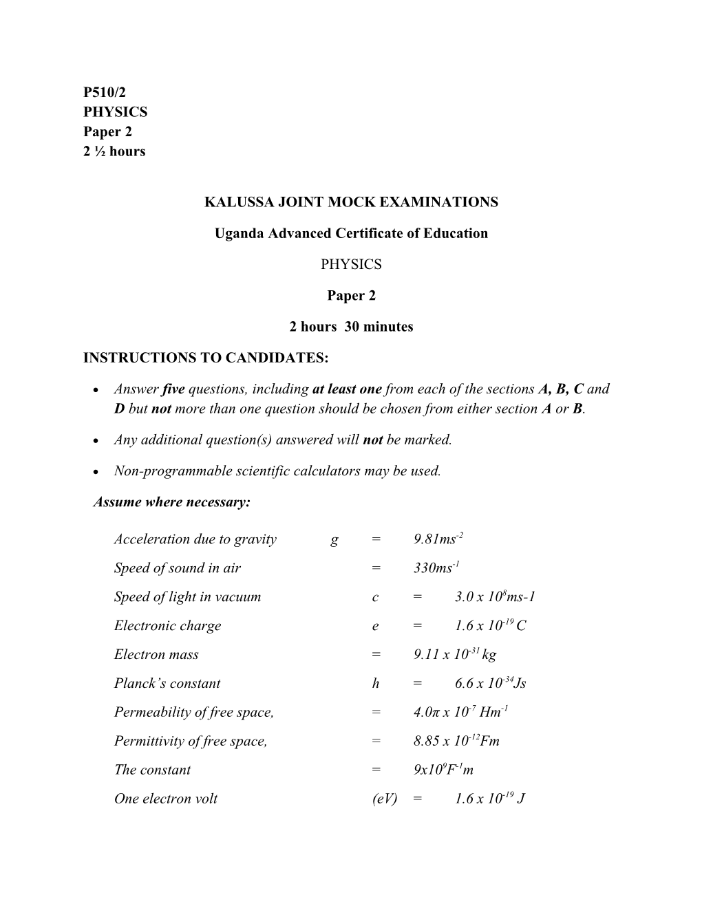 Kalussa Joint Mock Examinations