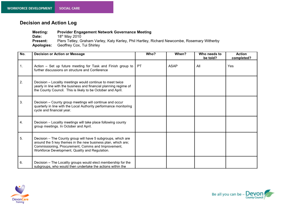 Decision and Action Log