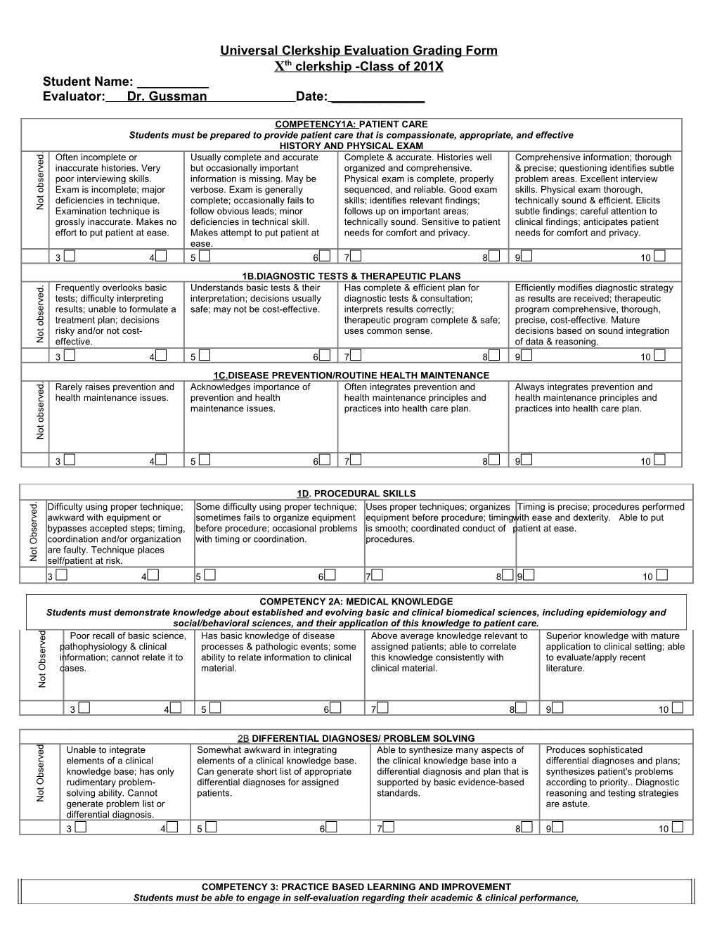 Universal Clerkship Evaluation Grading Form