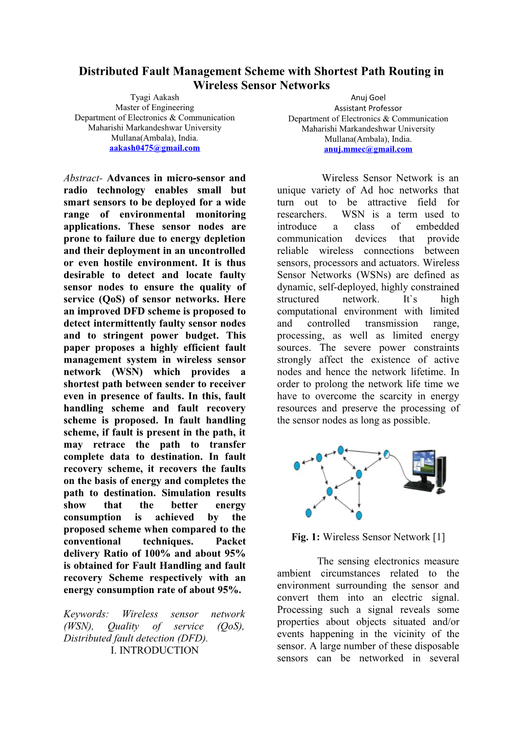 Distributed Fault Managementscheme with Shortest Path Routing in Wireless Sensor Networks