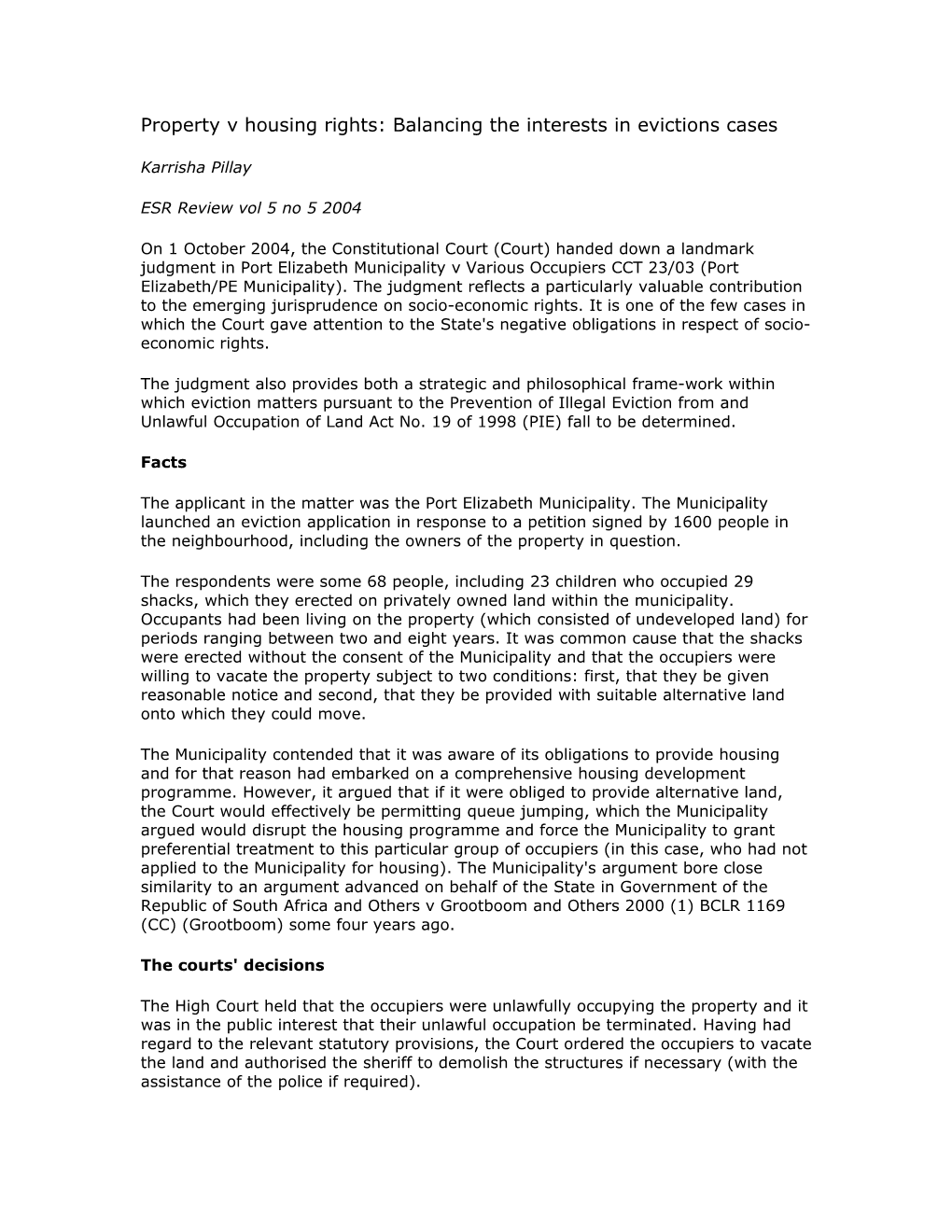 Property V Housing Rights: Balancing the Interests in Evictions Cases