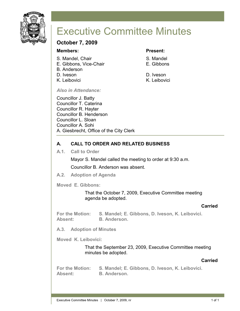 Minutes for Executive Committee October 7, 2009 Meeting